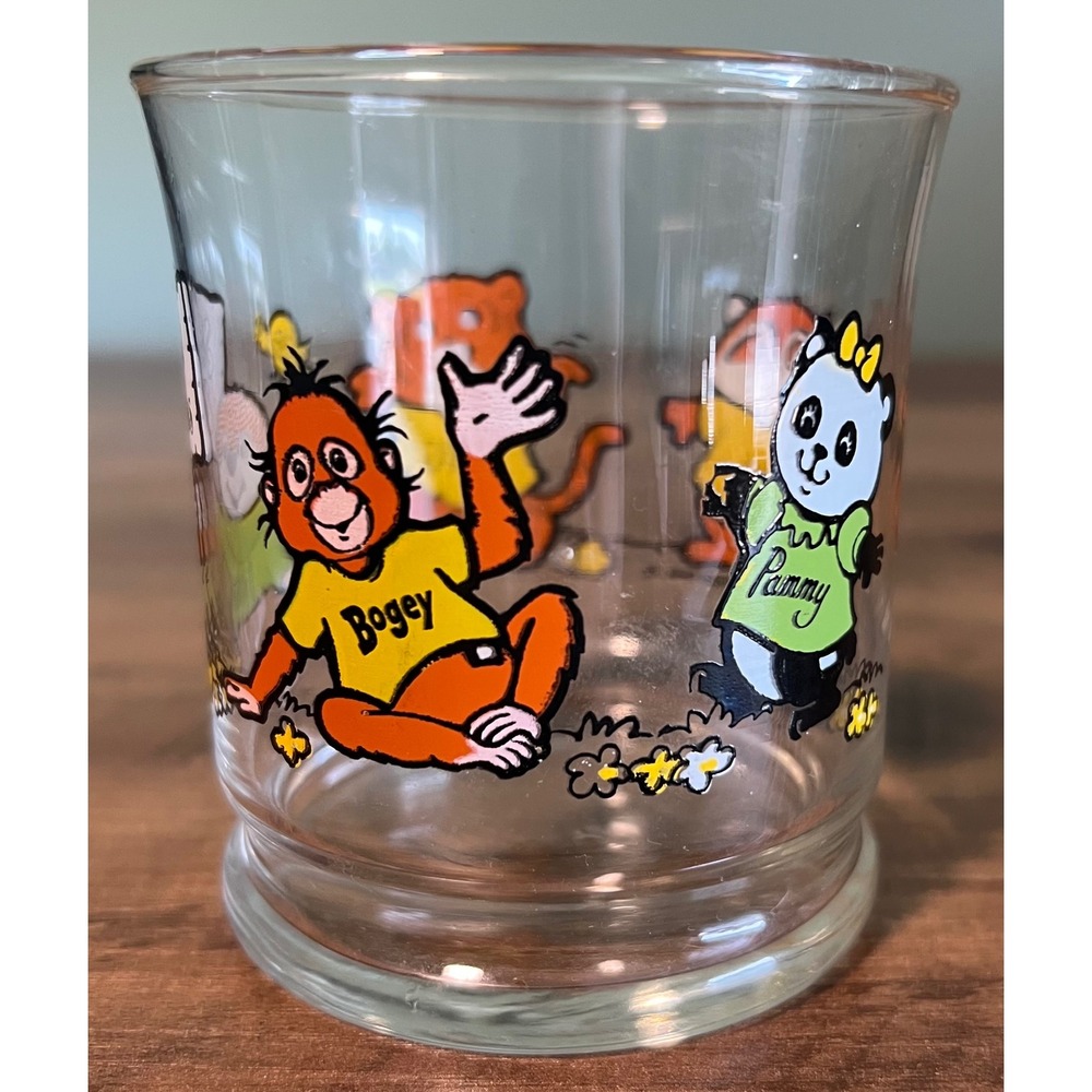 Vintage 1982 Hallmark Shirt Tales Glass Juice Tumbler Bogey Rick Tyg Pammy 3.5in